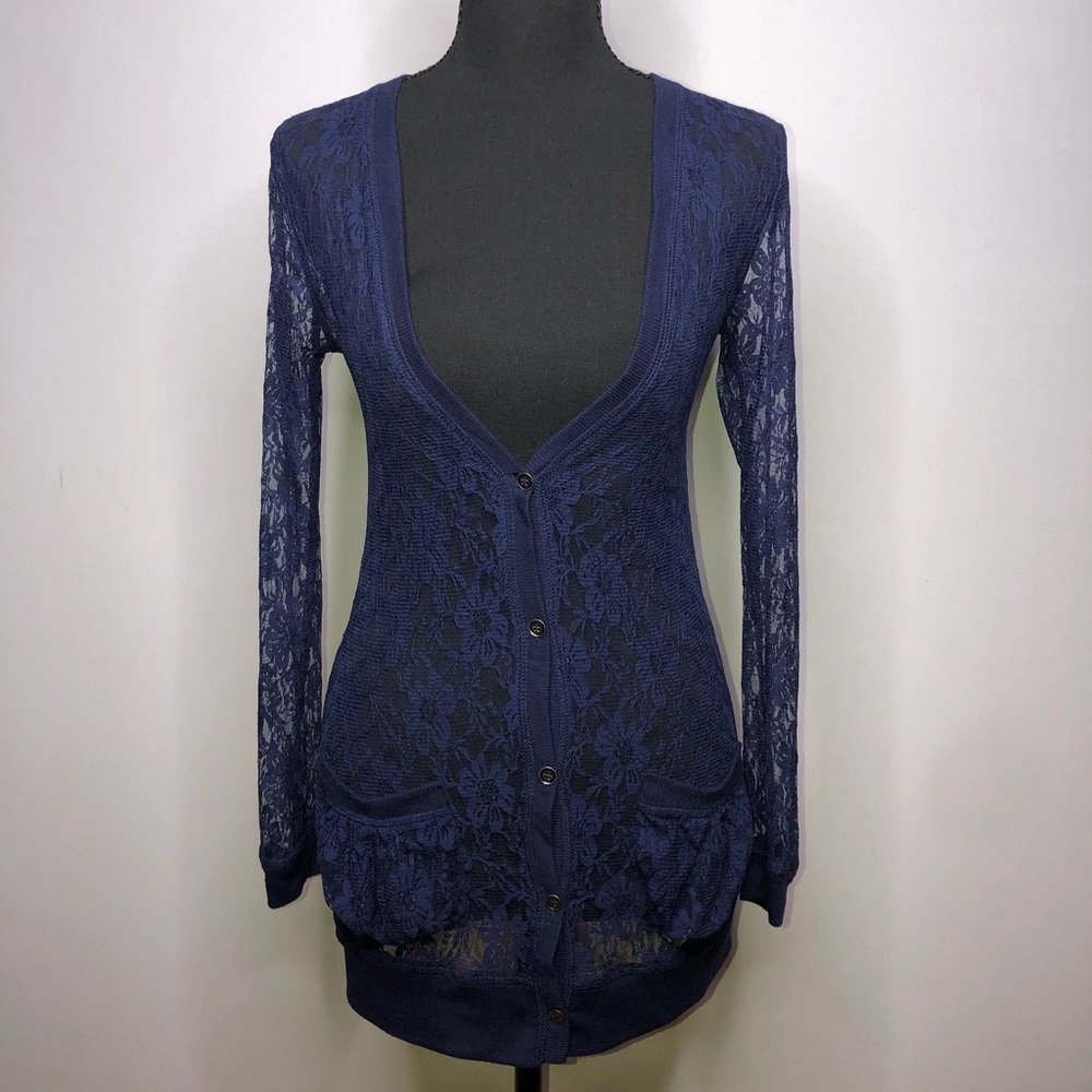 XHILARATION Navy Blue Sheer Lace Long Sleeve Small Cardigan Top